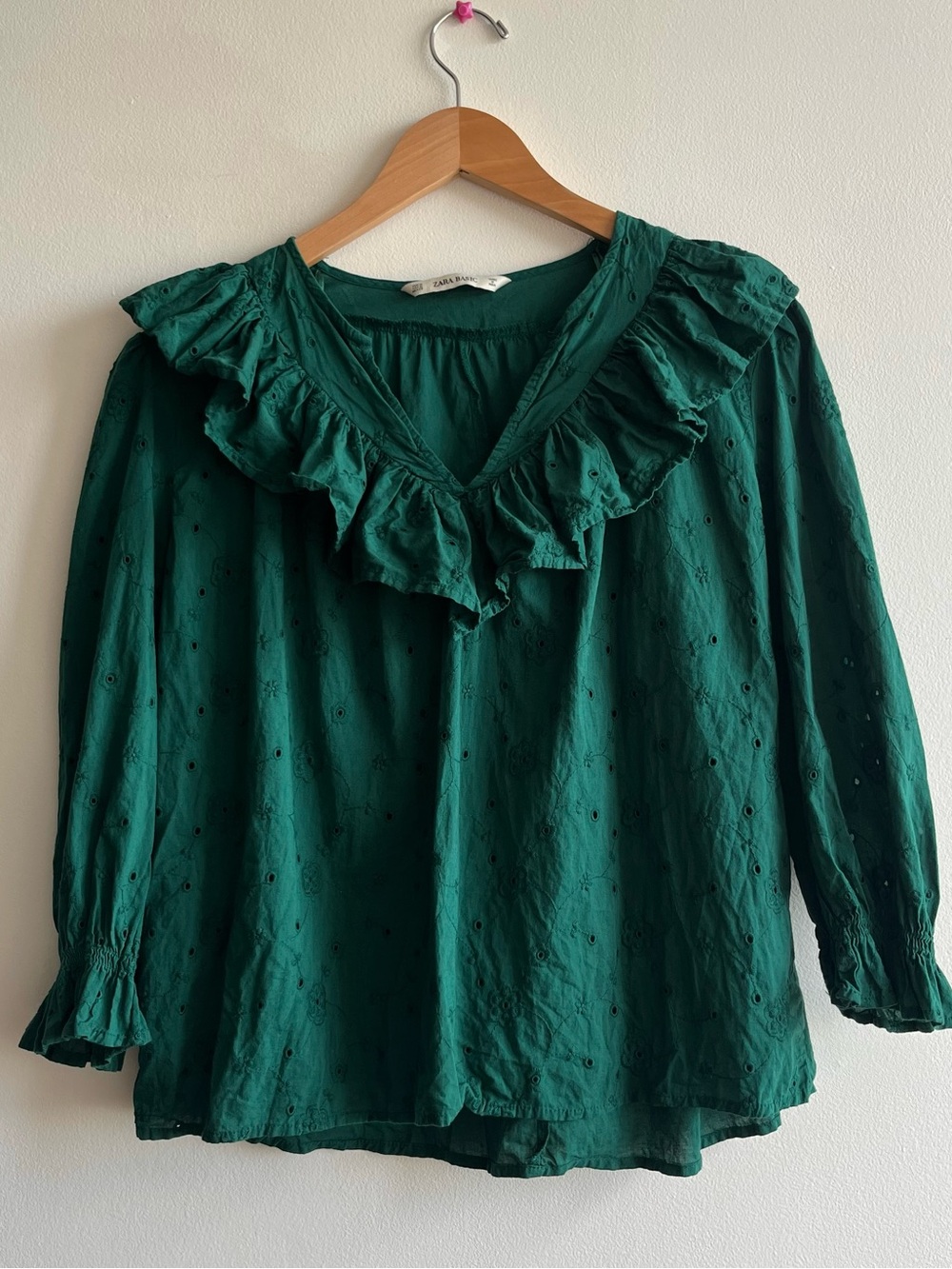 Zara Emerald Green Eyelet Ruffle Blouse Boho Cottagecore Romantic Size Medium